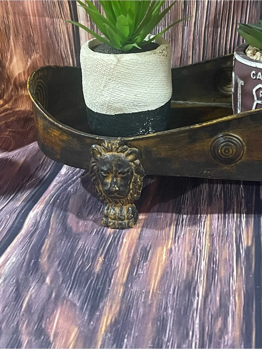 Gold Plated Steel Vtg Lion Footed Planter/decor with 3 artificial planters
